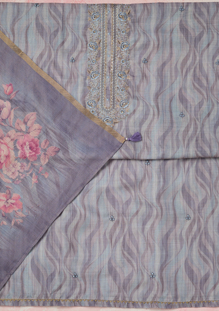 Purple Linen Abstract Geometric Threadwork Unstitched Dress Material With Matching Bottom And Dupatta