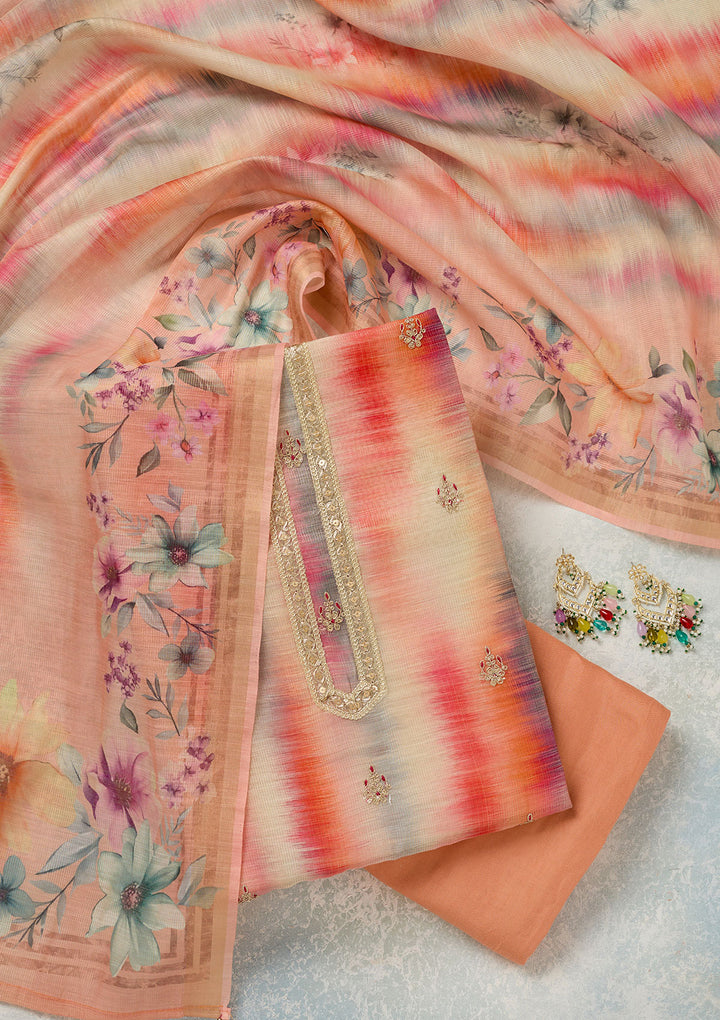 Multi Peach Chanderi Abstract Geometric Gold Zariwork Unstitched Dress Material With Matching Bottom And Dupatta