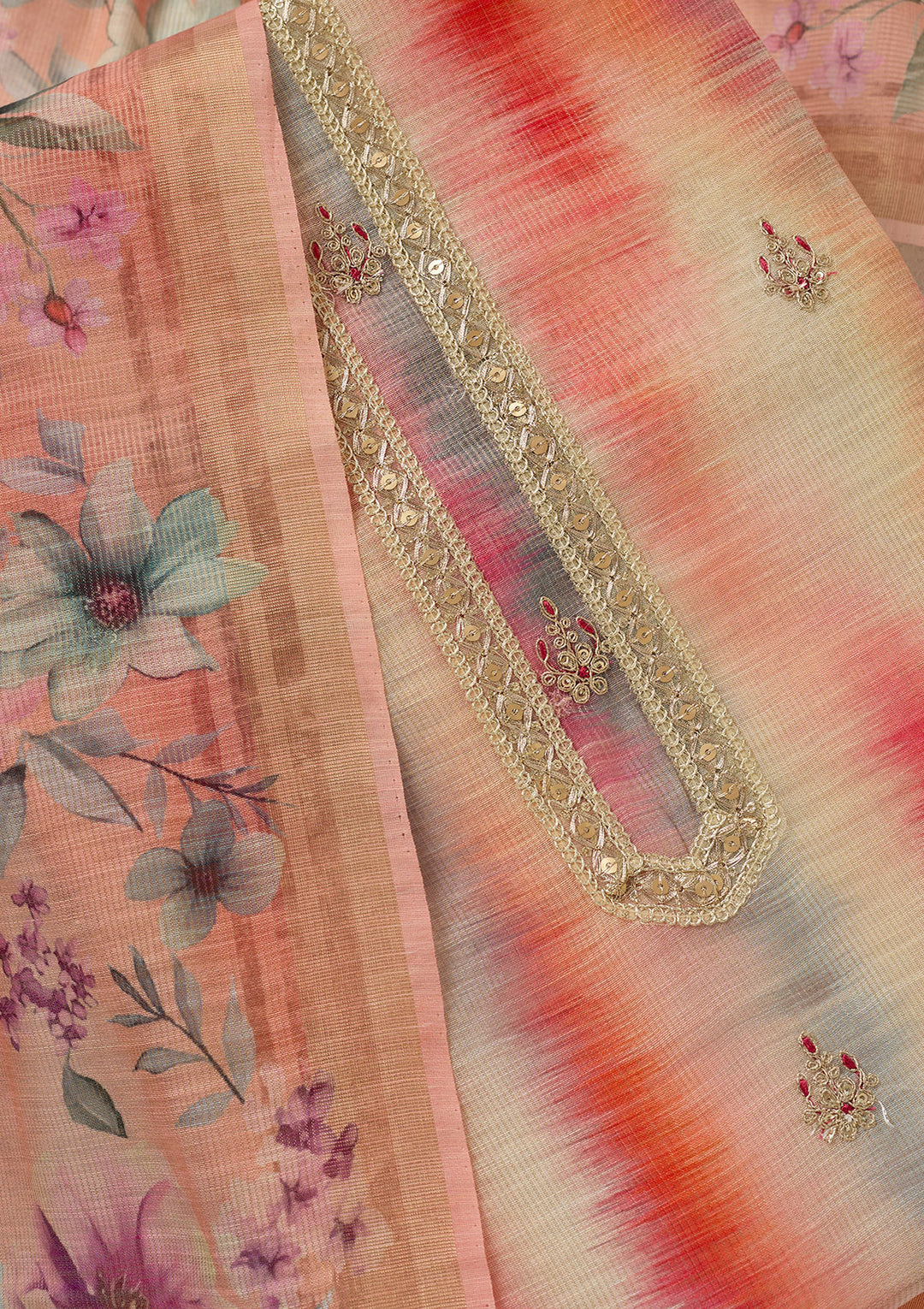 Multi Peach Chanderi Abstract Geometric Gold Zariwork Unstitched Dress Material With Matching Bottom And Dupatta