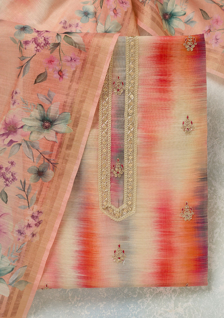 Multi Peach Chanderi Abstract Geometric Gold Zariwork Unstitched Dress Material With Matching Bottom And Dupatta