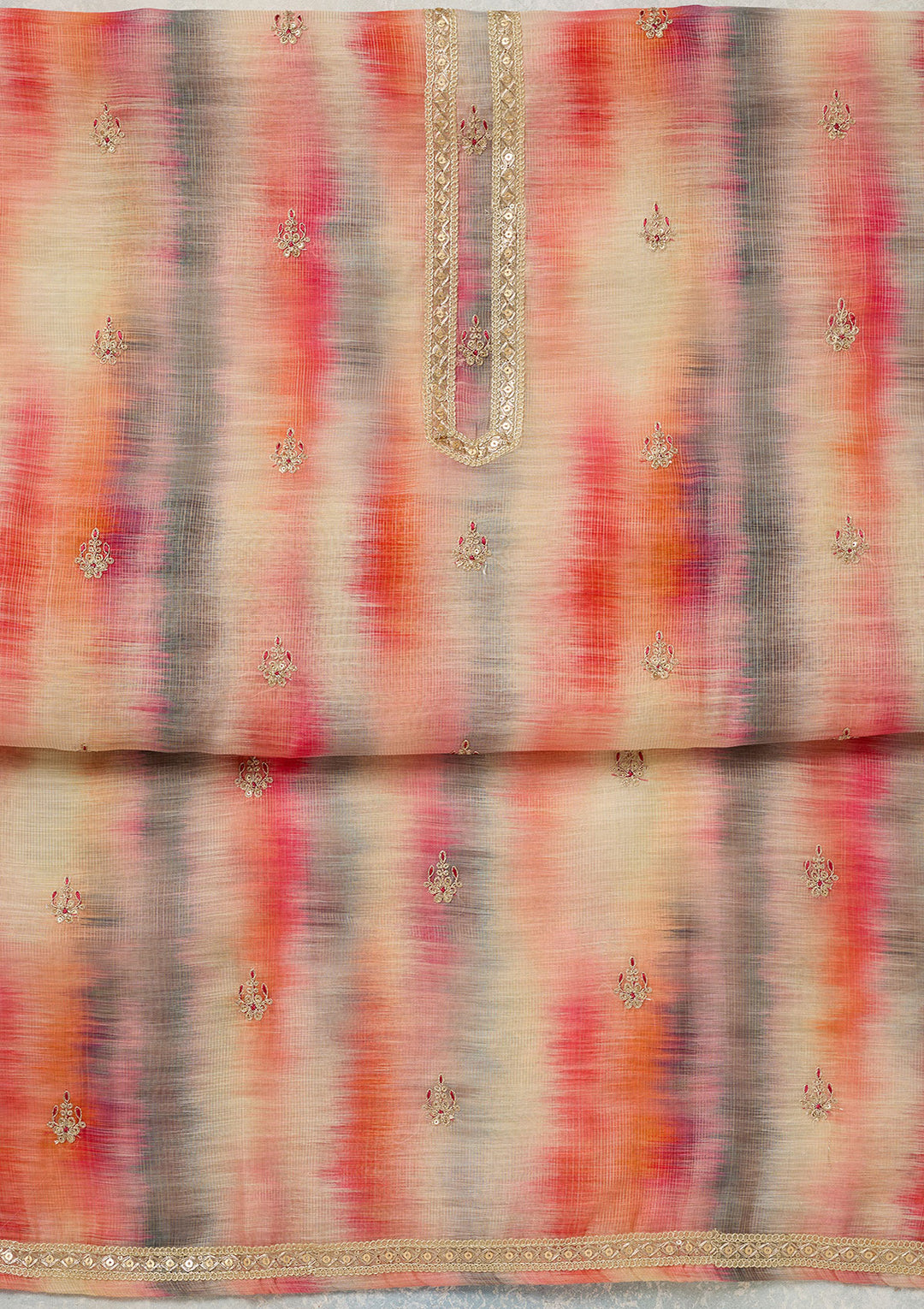 Multi Peach Chanderi Abstract Geometric Gold Zariwork Unstitched Dress Material With Matching Bottom And Dupatta