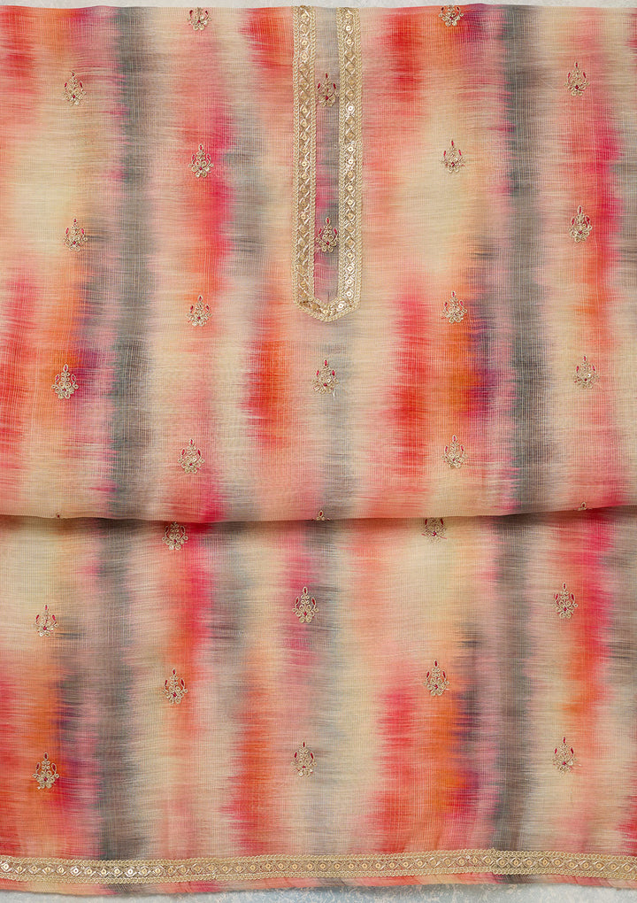 Multi Peach Chanderi Abstract Geometric Gold Zariwork Unstitched Dress Material With Matching Bottom And Dupatta