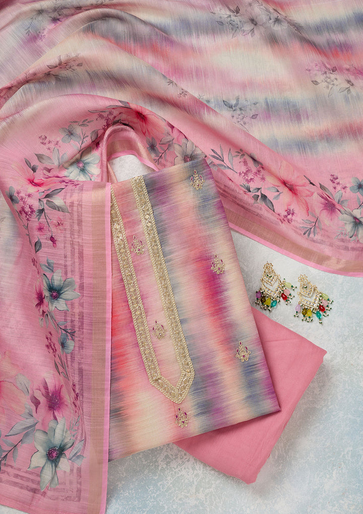 Multi Pink Chanderi Abstract Geometric Gold Zariwork Unstitched Dress Material With Matching Bottom And Dupatta
