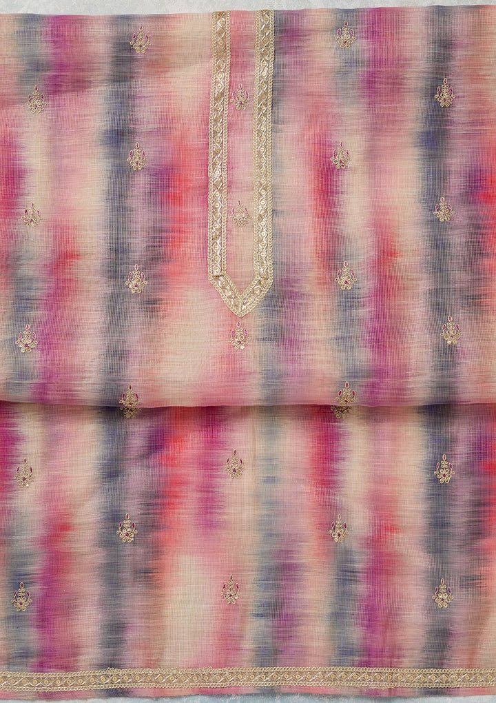 Multi Pink Chanderi Abstract Geometric Gold Zariwork Unstitched Dress Material With Matching Bottom And Dupatta