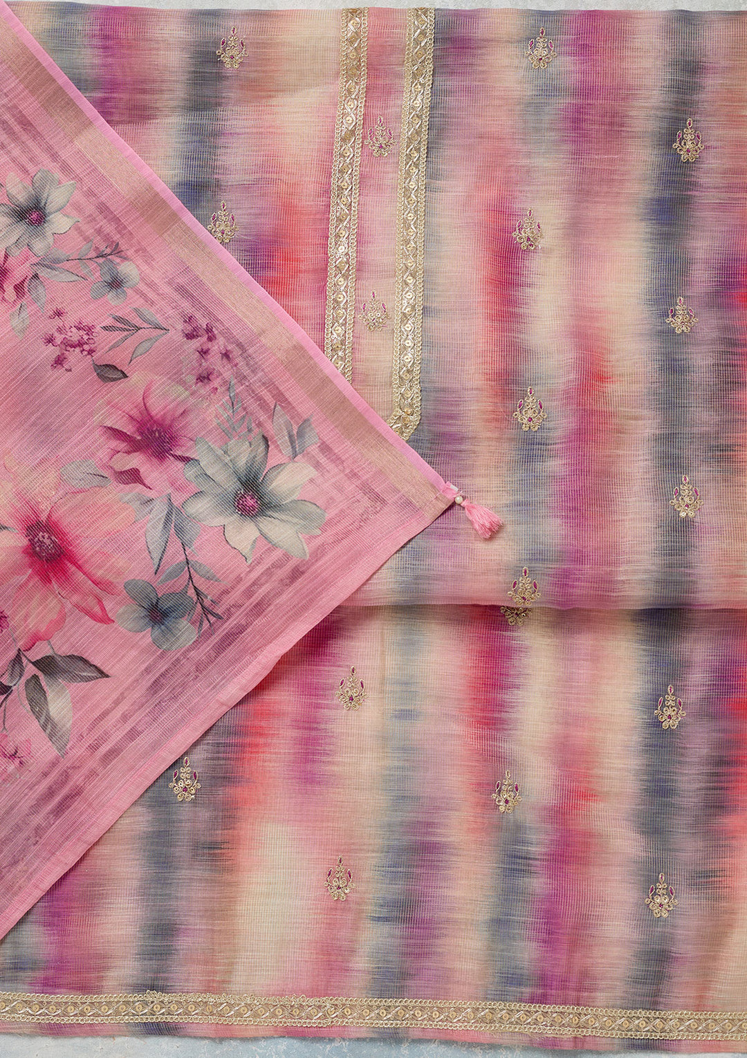Multi Pink Chanderi Abstract Geometric Gold Zariwork Unstitched Dress Material With Matching Bottom And Dupatta