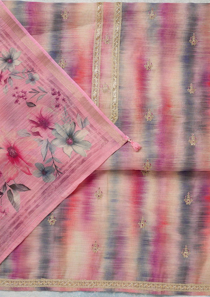 Multi Pink Chanderi Abstract Geometric Gold Zariwork Unstitched Dress Material With Matching Bottom And Dupatta
