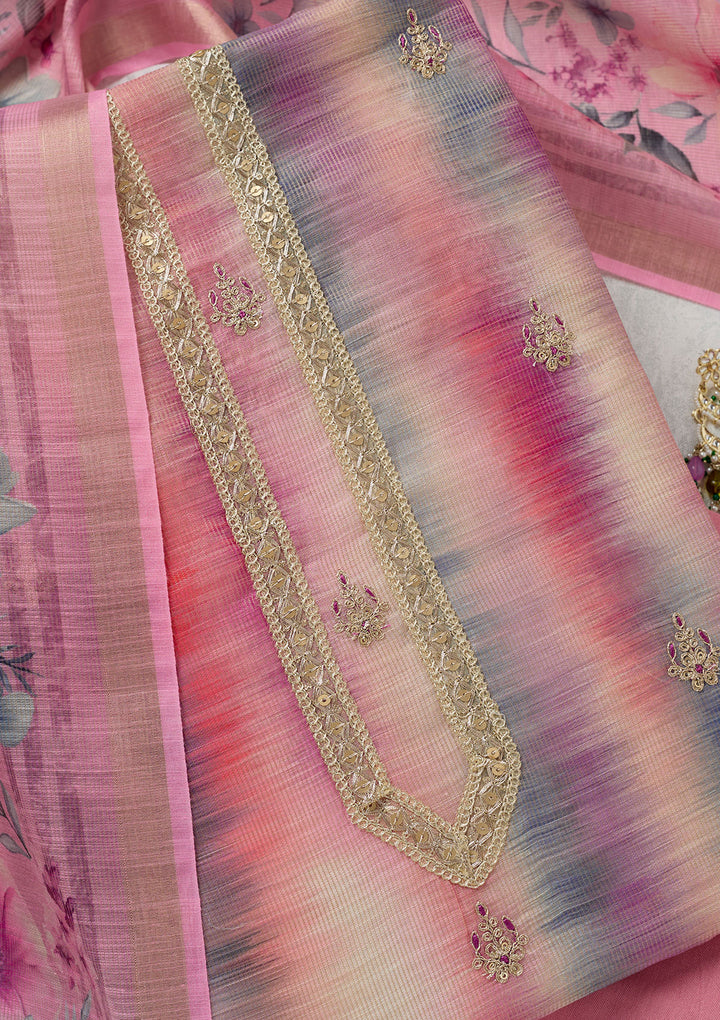 Multi Pink Chanderi Abstract Geometric Gold Zariwork Unstitched Dress Material With Matching Bottom And Dupatta