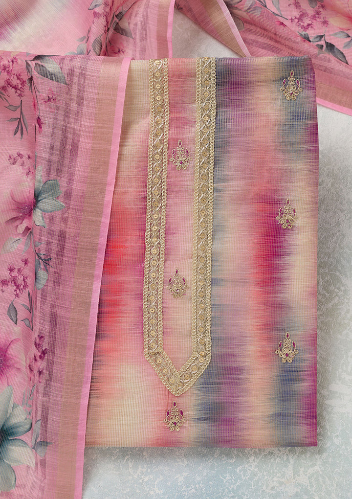 Multi Pink Chanderi Abstract Geometric Gold Zariwork Unstitched Dress Material With Matching Bottom And Dupatta