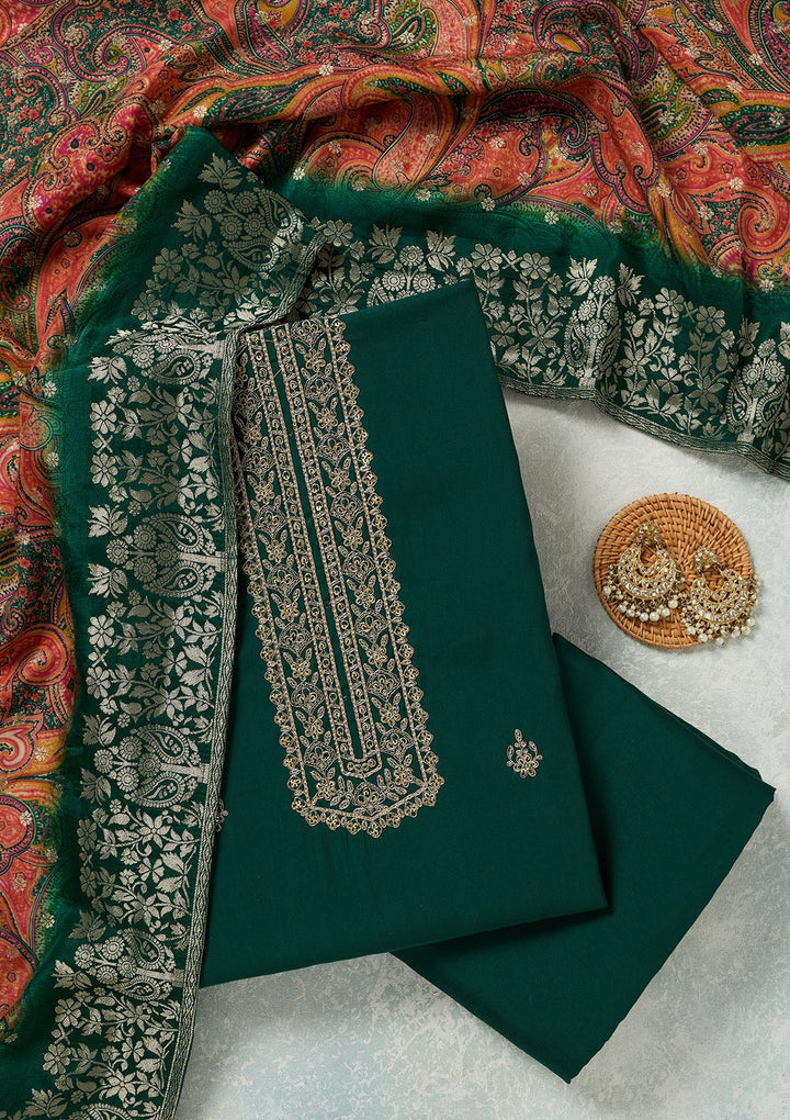 Bottle Green Dola Silk Threadwork Unstitched Dress Material With Matching Bottom And Dupatta
