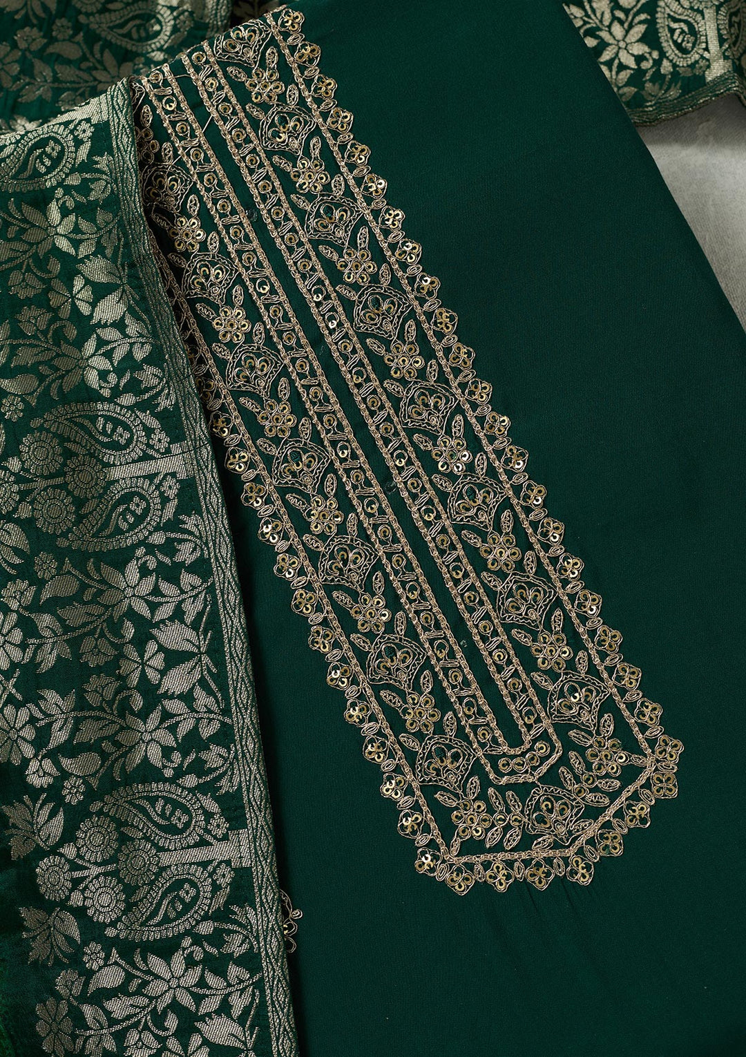 Bottle Green Dola Silk Threadwork Unstitched Dress Material With Matching Bottom And Dupatta