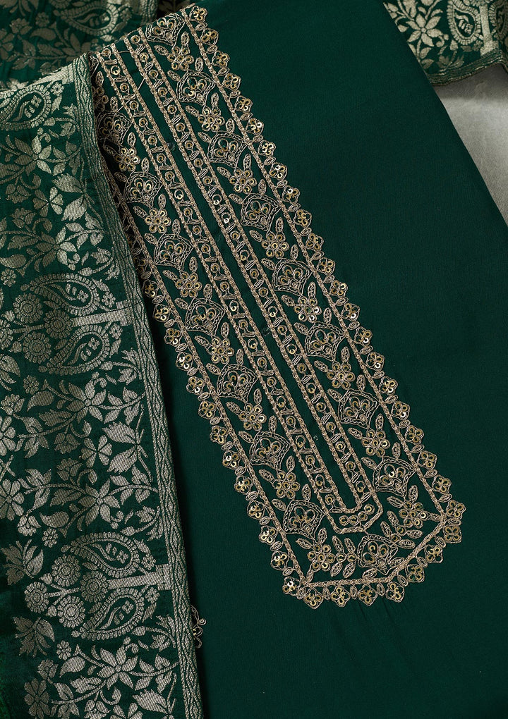 Bottle Green Dola Silk Threadwork Unstitched Dress Material With Matching Bottom And Dupatta