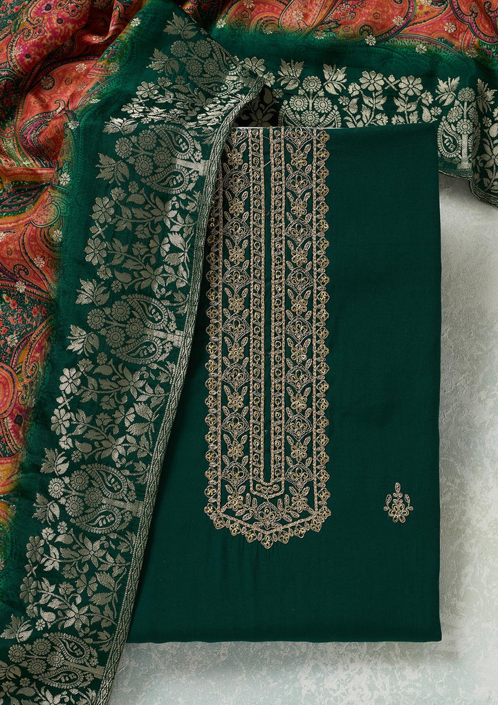 Bottle Green Dola Silk Threadwork Unstitched Dress Material With Matching Bottom And Dupatta