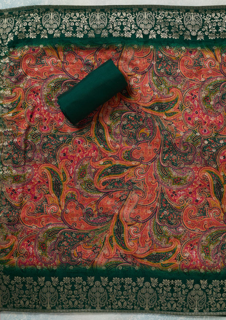 Bottle Green Dola Silk Threadwork Unstitched Dress Material With Matching Bottom And Dupatta