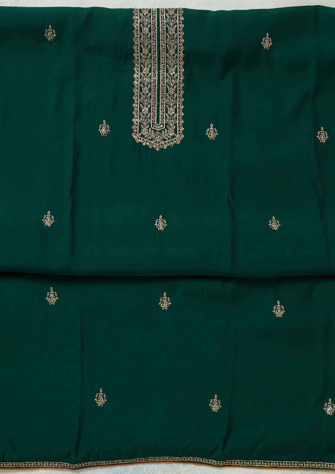 Bottle Green Dola Silk Threadwork Unstitched Dress Material With Matching Bottom And Dupatta