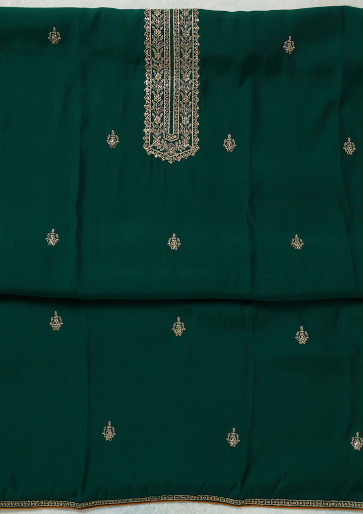 Bottle Green Dola Silk Threadwork Unstitched Dress Material With Matching Bottom And Dupatta