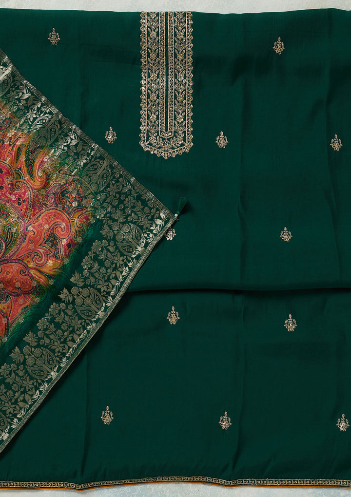 Bottle Green Dola Silk Threadwork Unstitched Dress Material With Matching Bottom And Dupatta