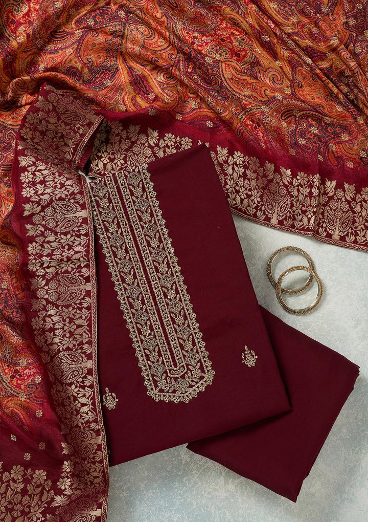 Maroon Dola Silk Threadwork Unstitched Dress Material With Matching Bottom And Dupatta