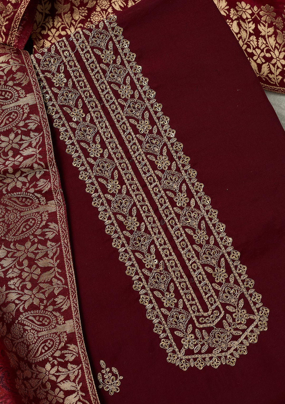 Maroon Dola Silk Threadwork Unstitched Dress Material With Matching Bottom And Dupatta