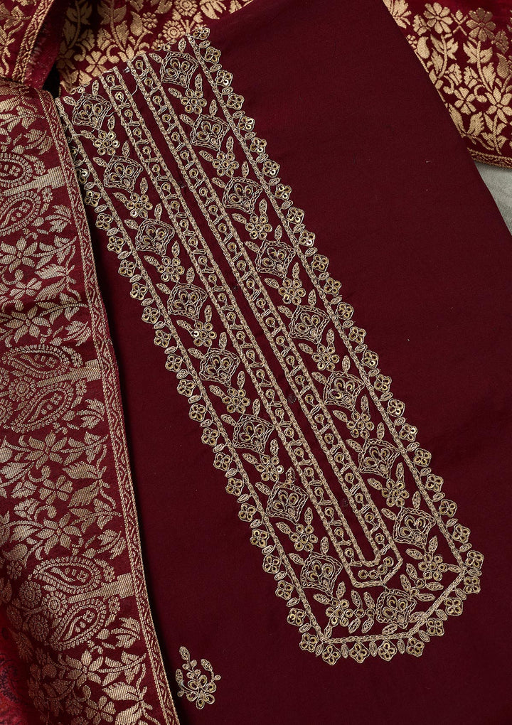 Maroon Dola Silk Threadwork Unstitched Dress Material With Matching Bottom And Dupatta
