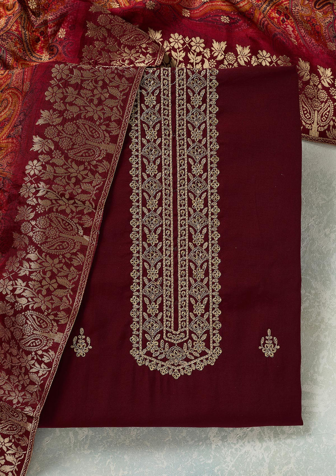 Maroon Dola Silk Threadwork Unstitched Dress Material With Matching Bottom And Dupatta