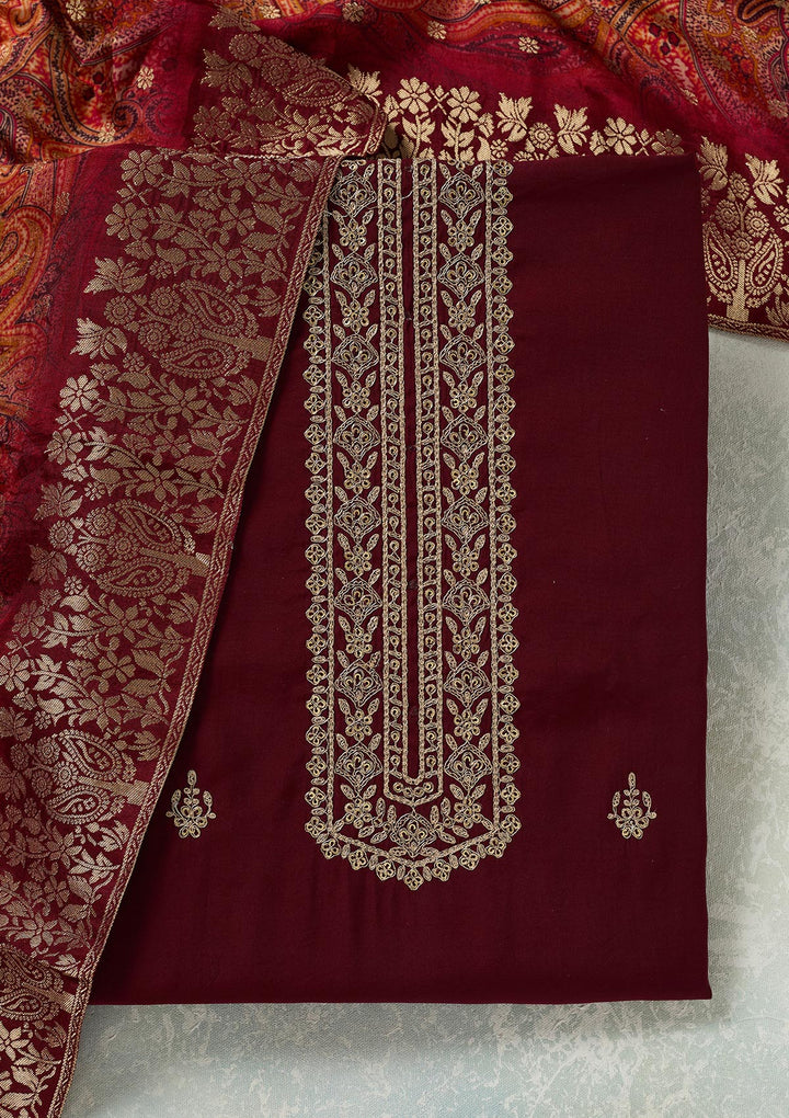 Maroon Dola Silk Threadwork Unstitched Dress Material With Matching Bottom And Dupatta