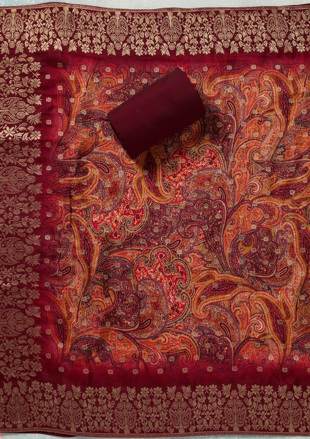 Maroon Dola Silk Threadwork Unstitched Dress Material With Matching Bottom And Dupatta
