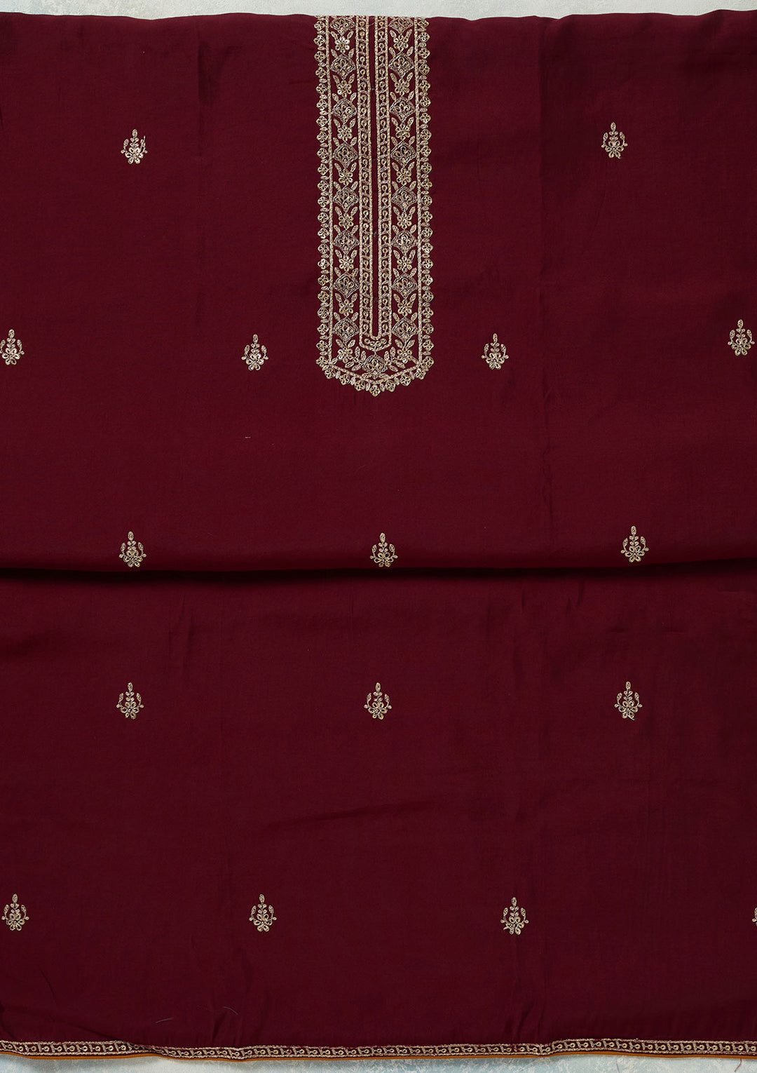 Maroon Dola Silk Threadwork Unstitched Dress Material With Matching Bottom And Dupatta