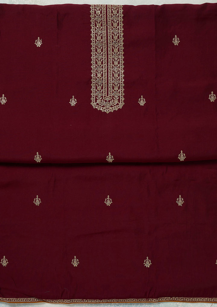 Maroon Dola Silk Threadwork Unstitched Dress Material With Matching Bottom And Dupatta