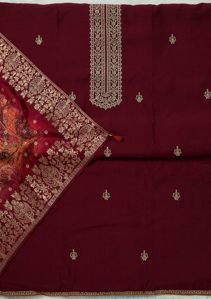 Maroon Dola Silk Threadwork Unstitched Dress Material With Matching Bottom And Dupatta