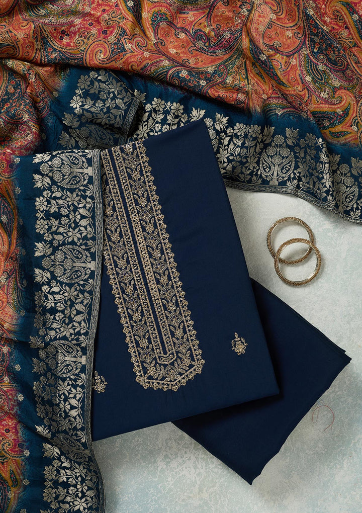 Navy Blue Dola Silk Threadwork Unstitched Dress Material With Matching Bottom And Dupatta