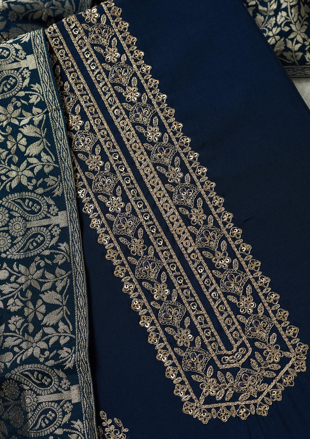 Navy Blue Dola Silk Threadwork Unstitched Dress Material With Matching Bottom And Dupatta