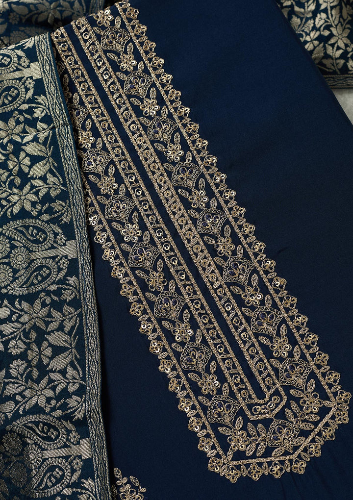 Navy Blue Dola Silk Threadwork Unstitched Dress Material With Matching Bottom And Dupatta