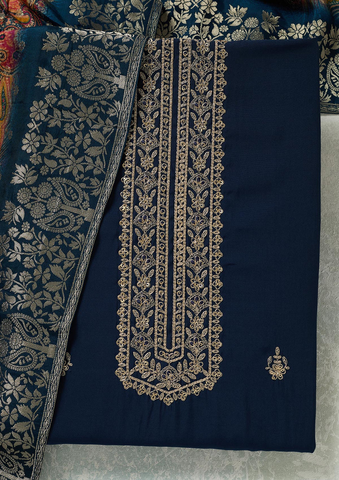 Navy Blue Dola Silk Threadwork Unstitched Dress Material With Matching Bottom And Dupatta