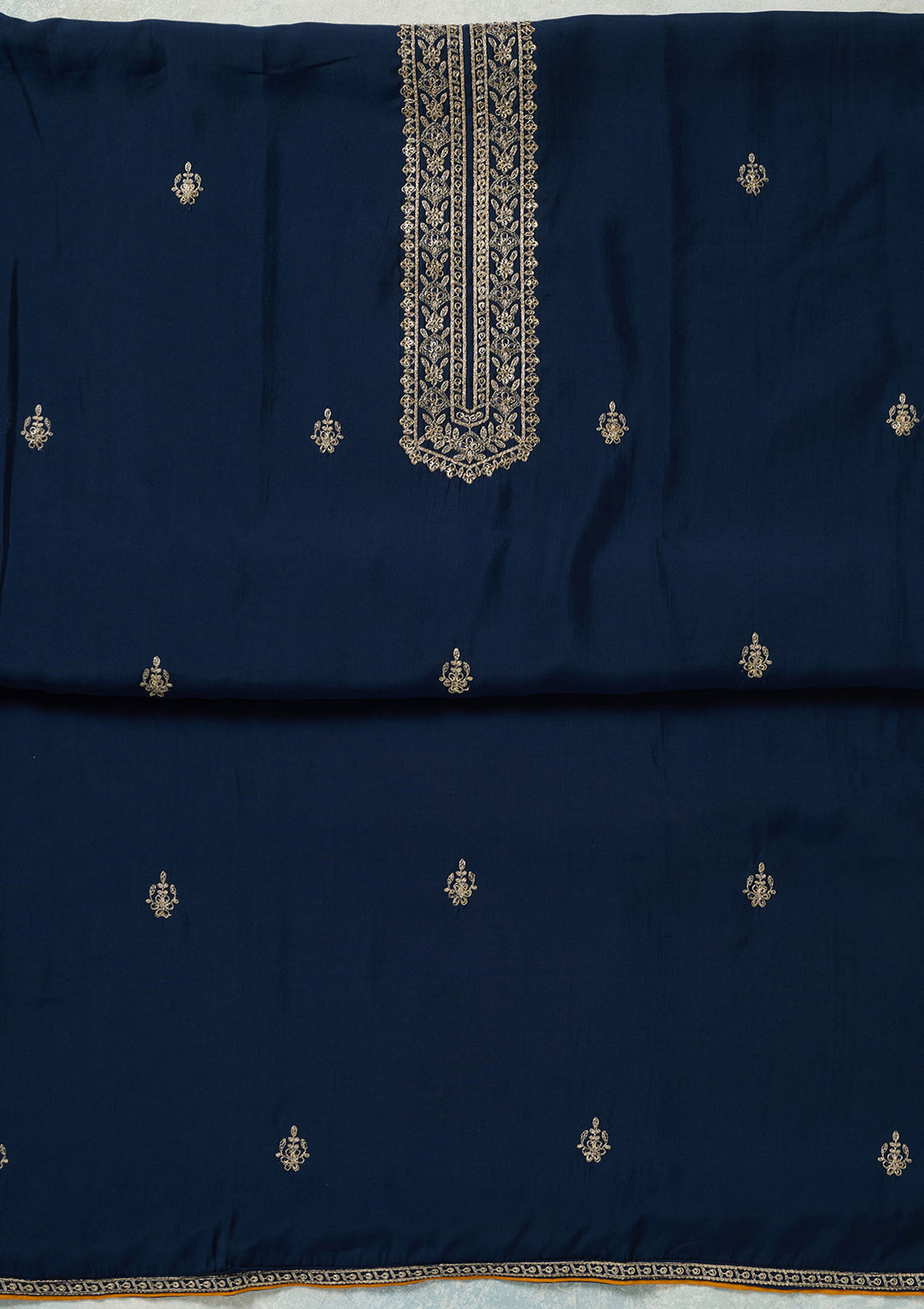 Navy Blue Dola Silk Threadwork Unstitched Dress Material With Matching Bottom And Dupatta