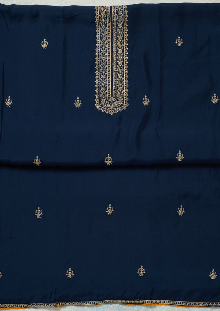 Navy Blue Dola Silk Threadwork Unstitched Dress Material With Matching Bottom And Dupatta