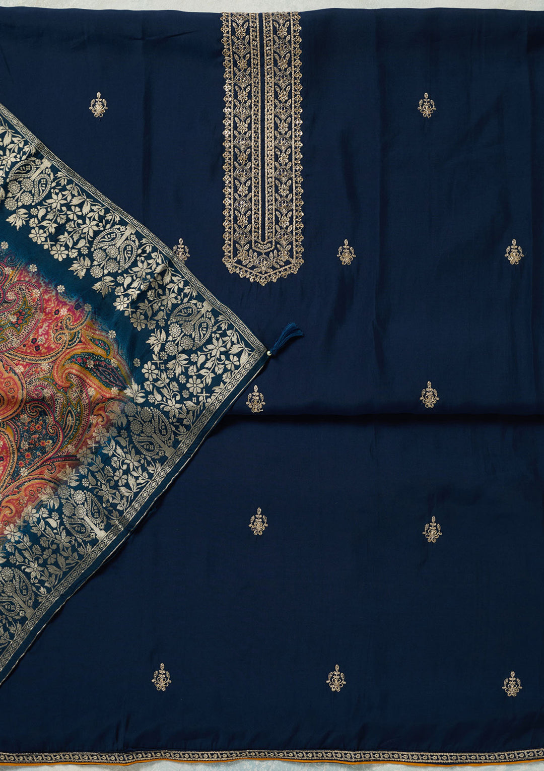 Navy Blue Dola Silk Threadwork Unstitched Dress Material With Matching Bottom And Dupatta