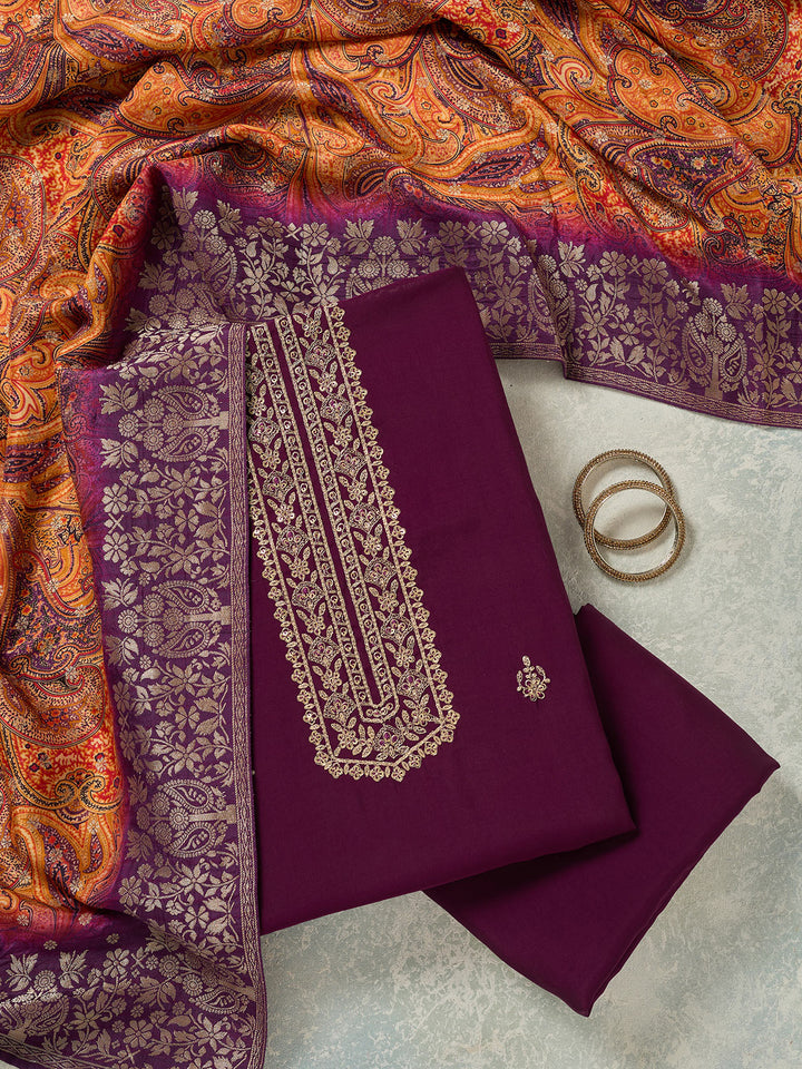 Purple Dola Silk Threadwork Unstitched Dress Material With Matching Bottom And Dupatta