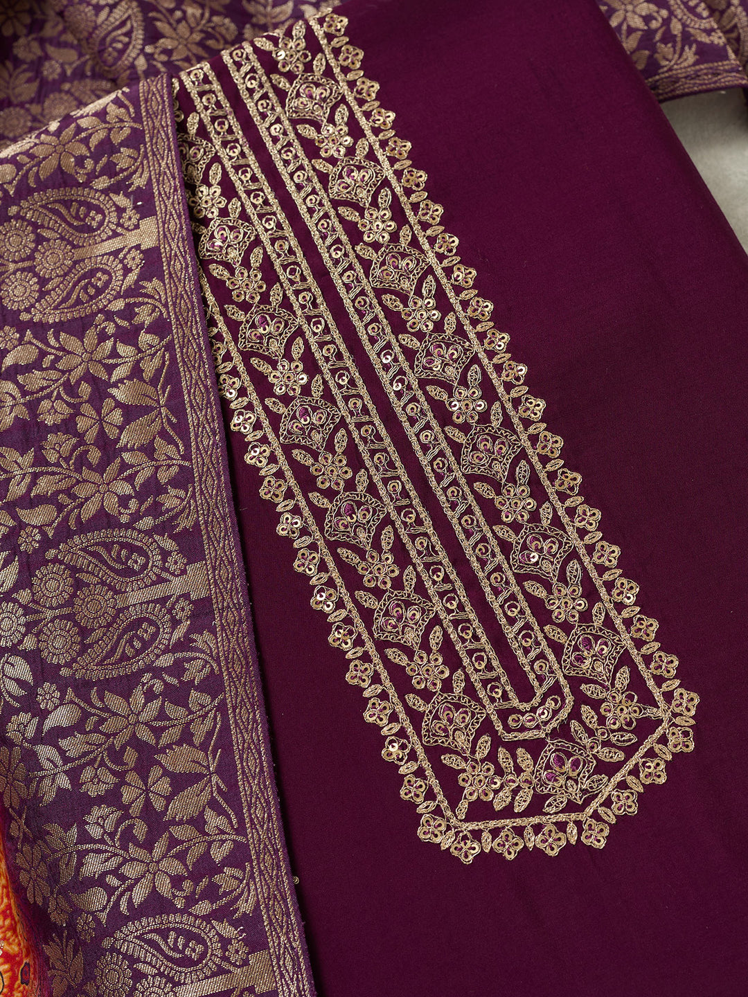 Purple Dola Silk Threadwork Unstitched Dress Material With Matching Bottom And Dupatta