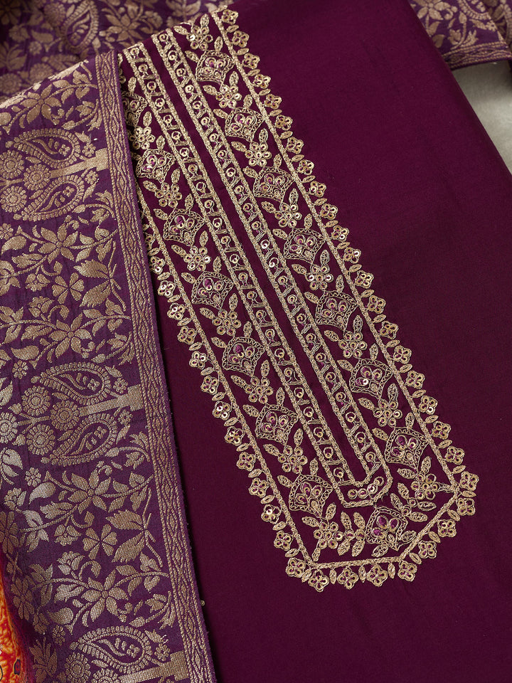 Purple Dola Silk Threadwork Unstitched Dress Material With Matching Bottom And Dupatta