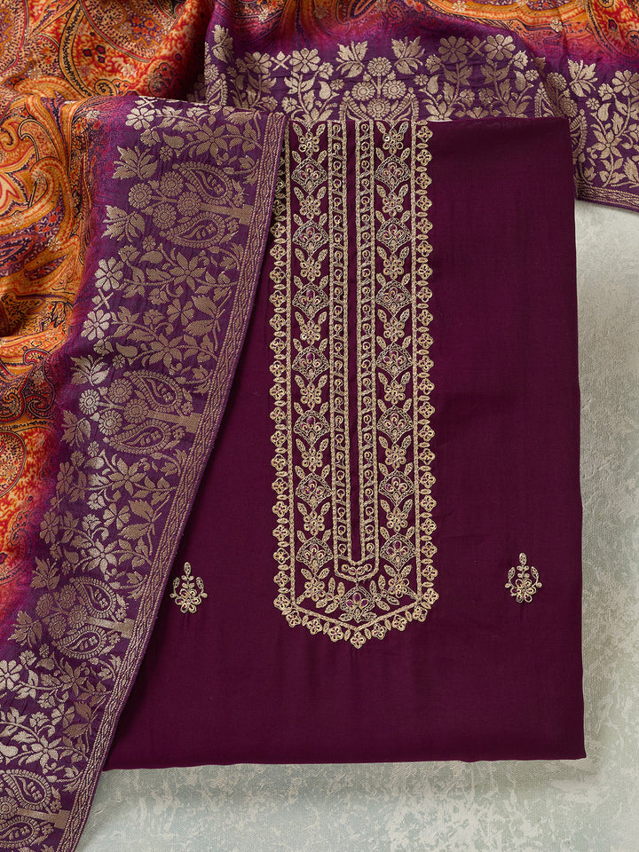 Purple Dola Silk Threadwork Unstitched Dress Material With Matching Bottom And Dupatta