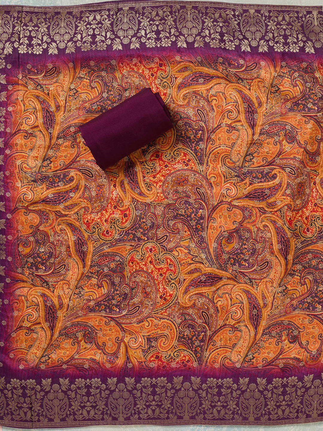 Purple Dola Silk Threadwork Unstitched Dress Material With Matching Bottom And Dupatta