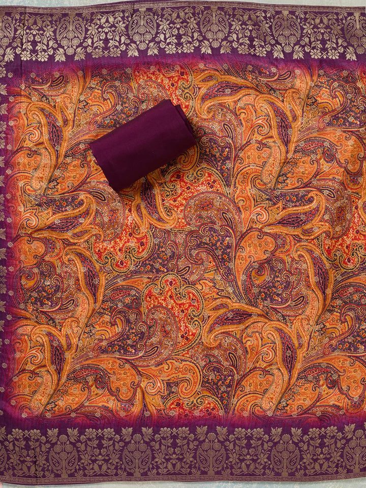 Purple Dola Silk Threadwork Unstitched Dress Material With Matching Bottom And Dupatta