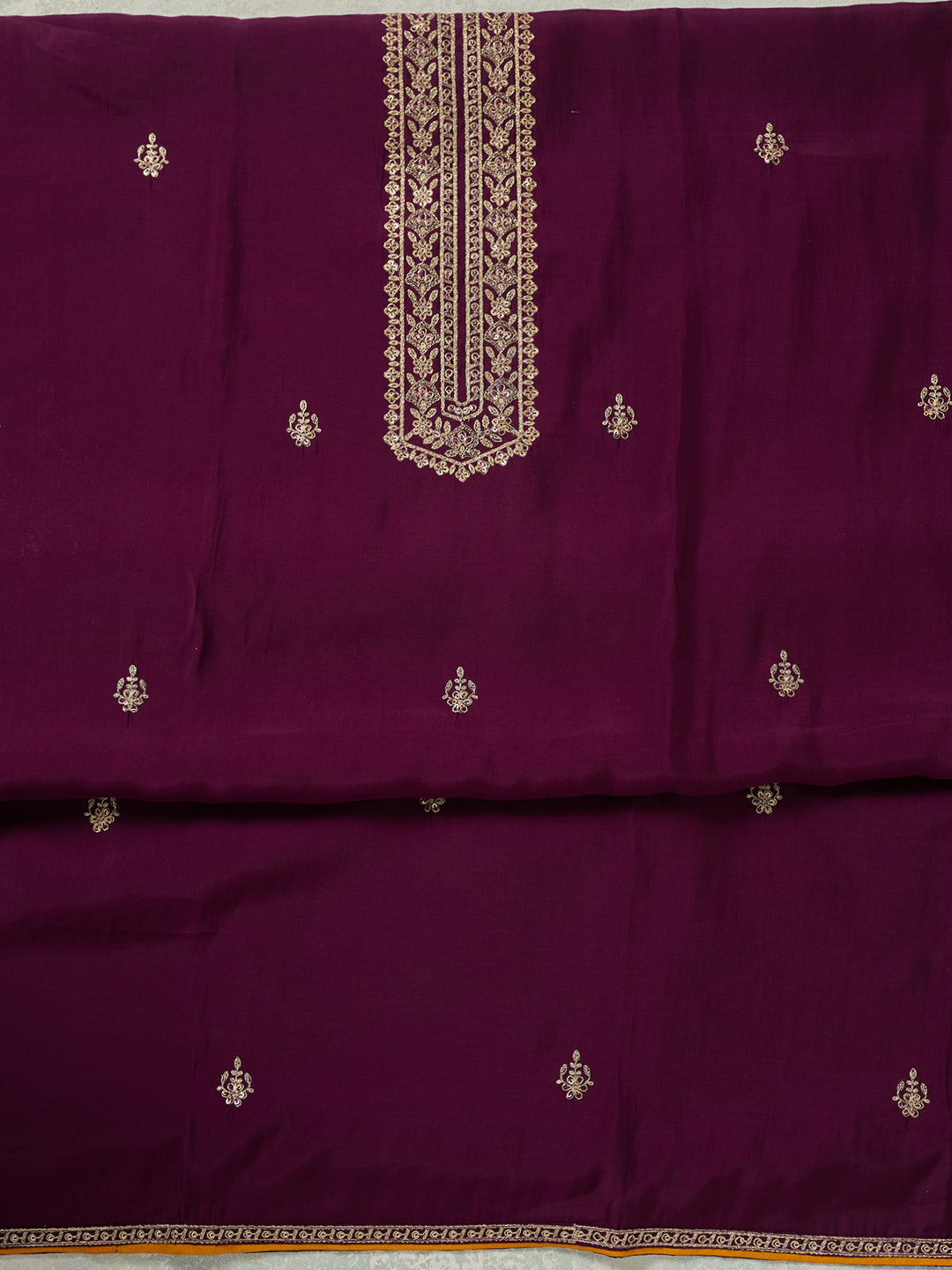 Purple Dola Silk Threadwork Unstitched Dress Material With Matching Bottom And Dupatta