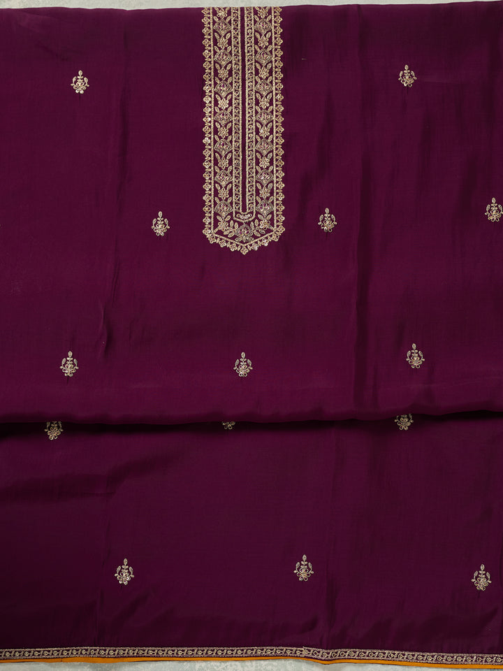 Purple Dola Silk Threadwork Unstitched Dress Material With Matching Bottom And Dupatta