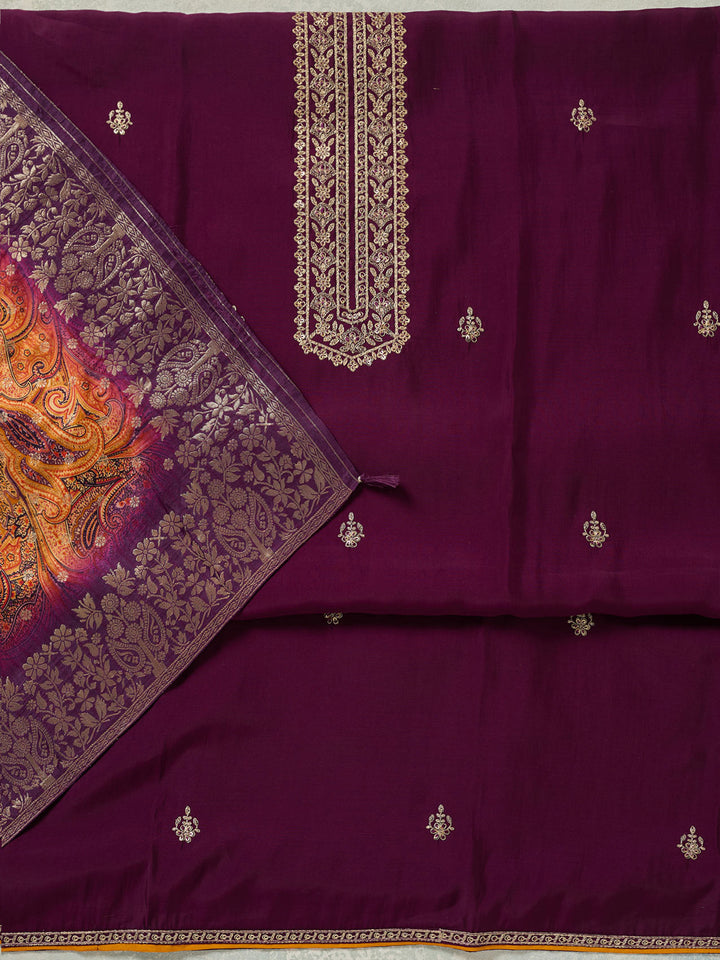 Purple Dola Silk Threadwork Unstitched Dress Material With Matching Bottom And Dupatta