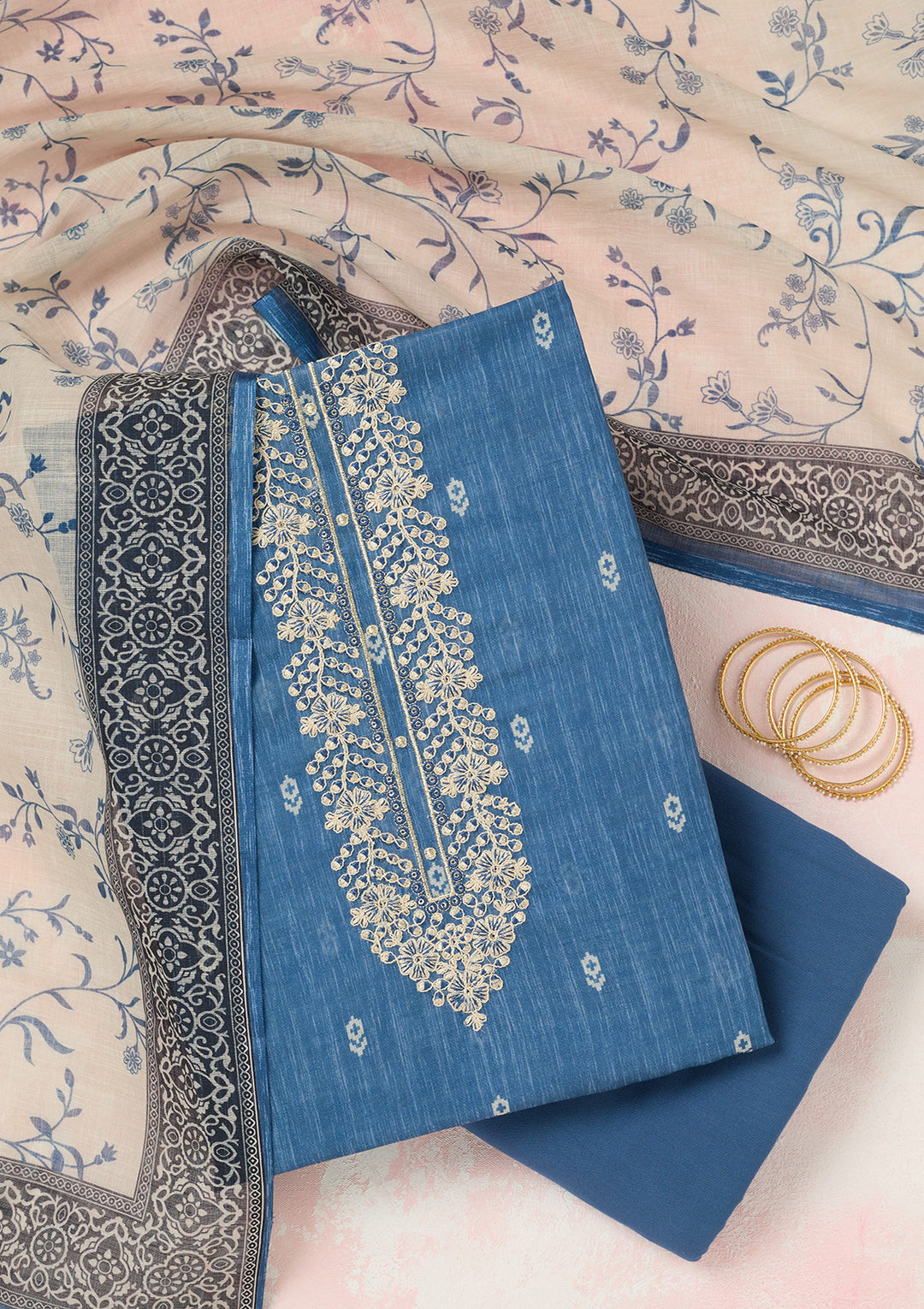 Royal Blue Threadwork Linen Unstitched Salwar Suit-koskii