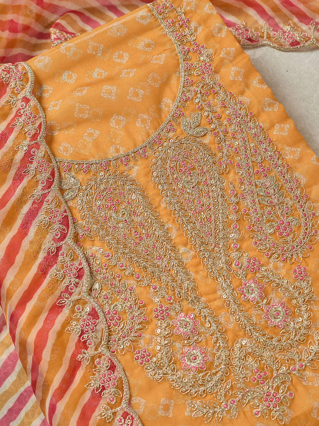 Mustard Zariwork Organza Unstitched Salwar Suit