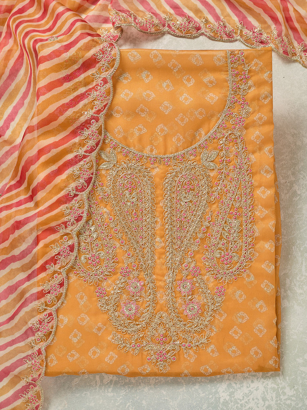 Mustard Zariwork Organza Unstitched Salwar Suit