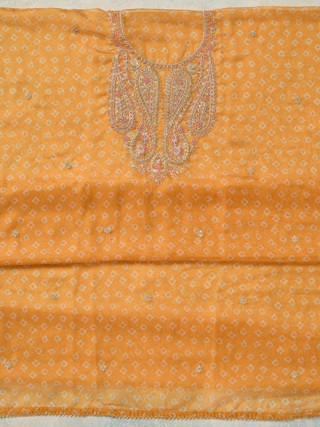 Mustard Zariwork Organza Unstitched Salwar Suit