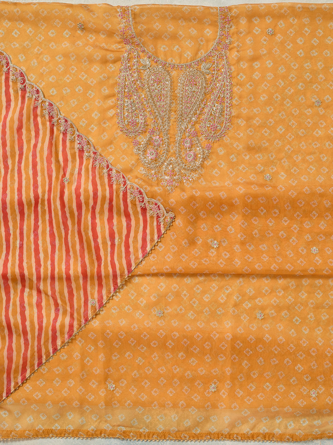 Mustard Zariwork Organza Unstitched Salwar Suit